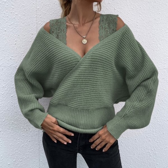 Cozy Floral Lace Knit Sweater Top Cold Shoulder Minimalist - Picture 7 of 11